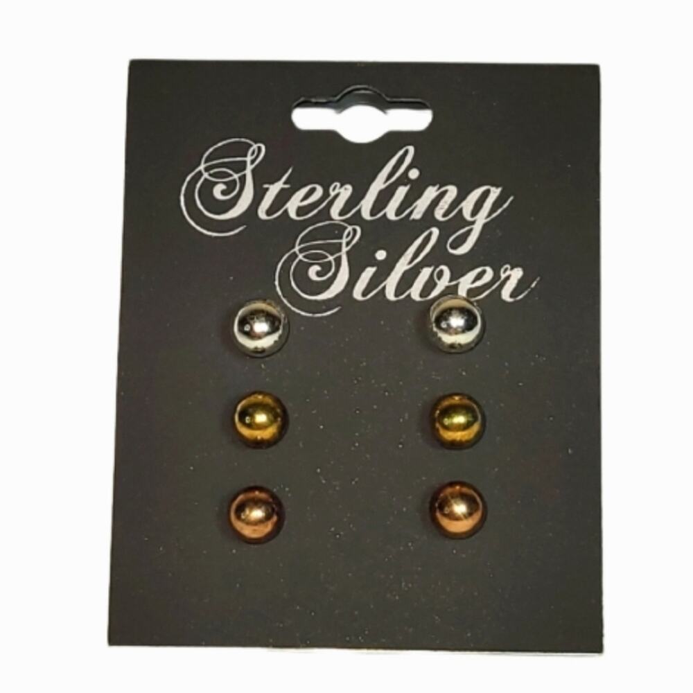 Sterling Silver Ball Post Earrings 3 pairs 3 colors New on card Unisex